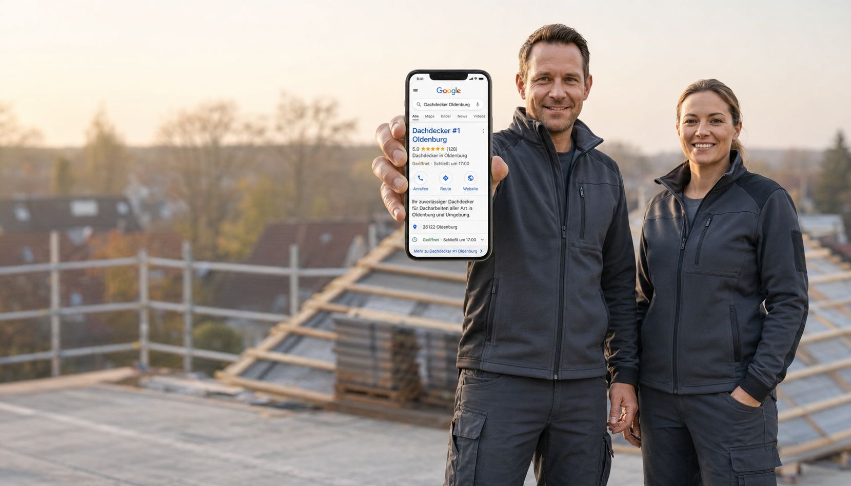 Ein Handwerker und eine Handwerkerin in dunkler Arbeitskleidung auf einer Dachbaustelle, er hält ein Smartphone mit dem Google-Unternehmensprofil eines Dachdeckerbetriebs in die Kamera.
