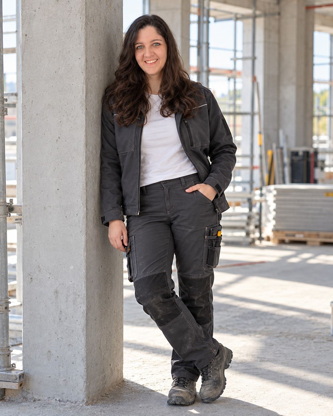Anne Brussig in dunkler Arbeitskleidung lehnt lächelnd an einer Betonsäule auf einer Baustelle, im Hintergrund Gerüste und Paletten.