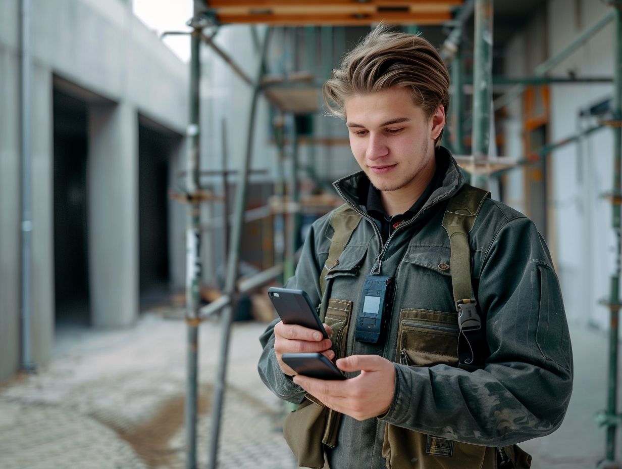 Ein junger Handwerker in Arbeitsjacke schaut auf einer Baustelle auf zwei Smartphones gleichzeitig, im Hintergrund ein Gerüst und ein Rohbau.