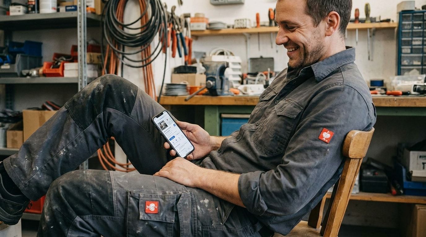 Ein Handwerker sitzt entspannt auf einem Stuhl in seiner Werkstatt und schaut lächelnd auf sein Smartphone.