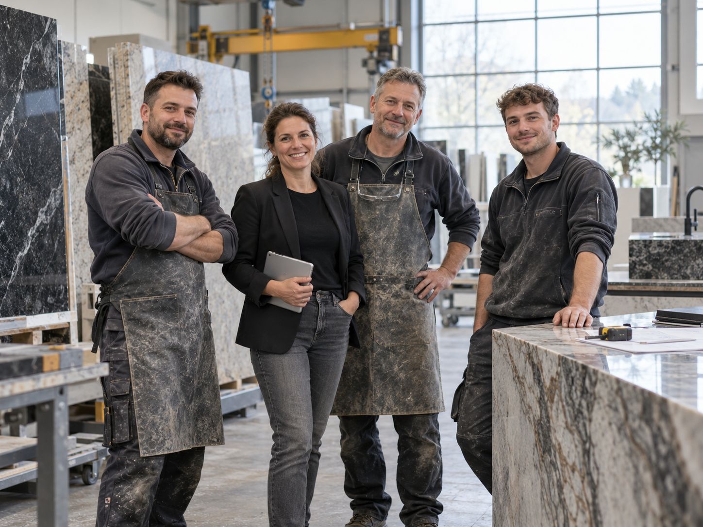 Ein Team aus drei Handwerkern in Arbeitsschürzen und einer Frau mit Tablet steht lächelnd in einer Werkstatt für Natursteinplatten.