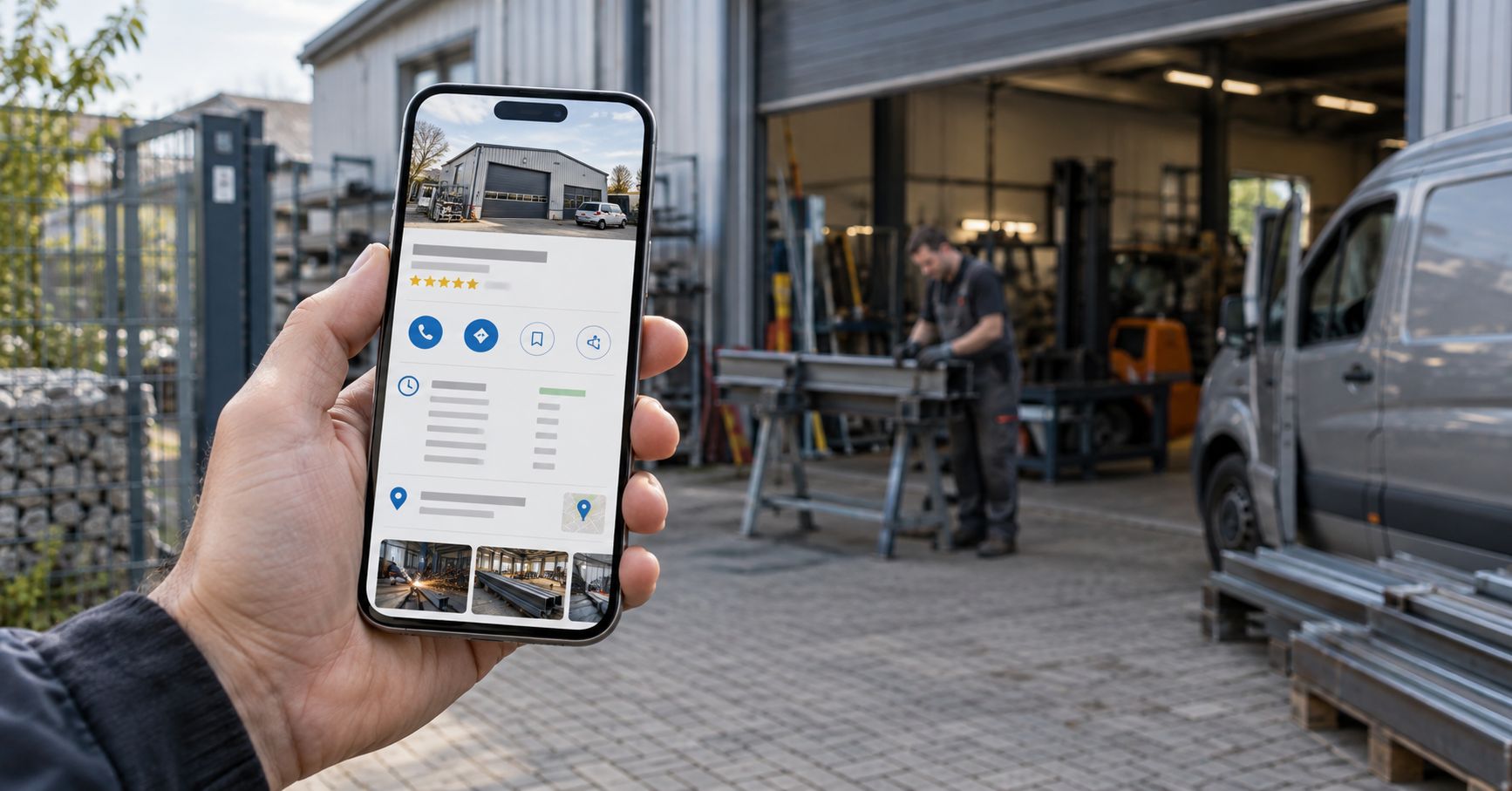 Eine Hand hält ein Smartphone mit dem Google-Unternehmensprofil eines Metallbaubetriebs, im Hintergrund die Werkhalle, in der ein Handwerker arbeitet.