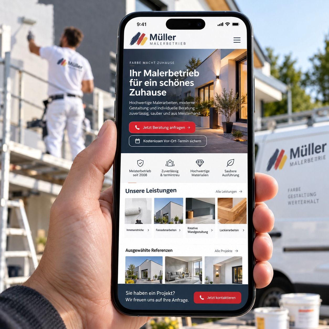 Eine Hand hält ein Smartphone mit der Website eines Malerbetriebs, im Hintergrund streicht ein Maler auf dem Gerüst eine Fassade.